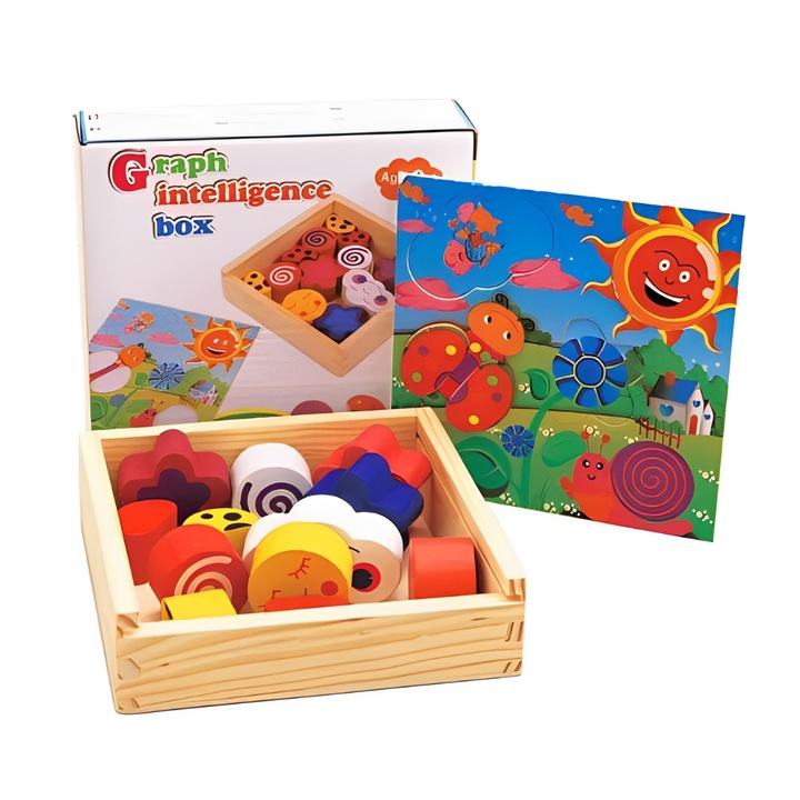 Puzzle cutia inteligentei Montessori, cu forme de potrivit, Onore, multicolor, lemn, 15 x 15 x 3, 5 cm, 12 piese