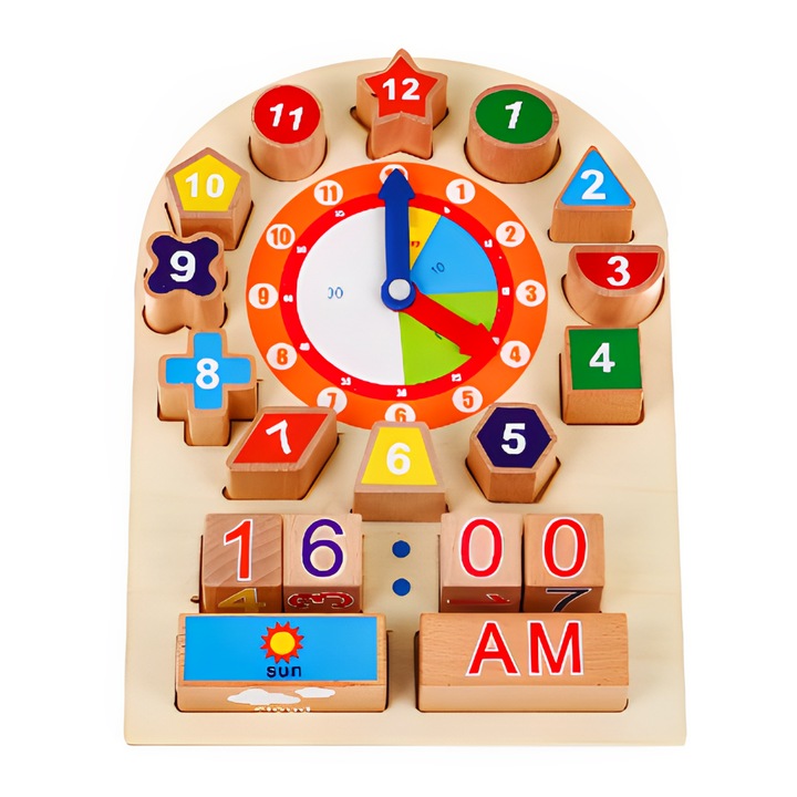 Ceas educativ Montessori cu forme si intervale orare, Onore, multicolor, lemn, 30 x 21 x 6 cm, 18 piese