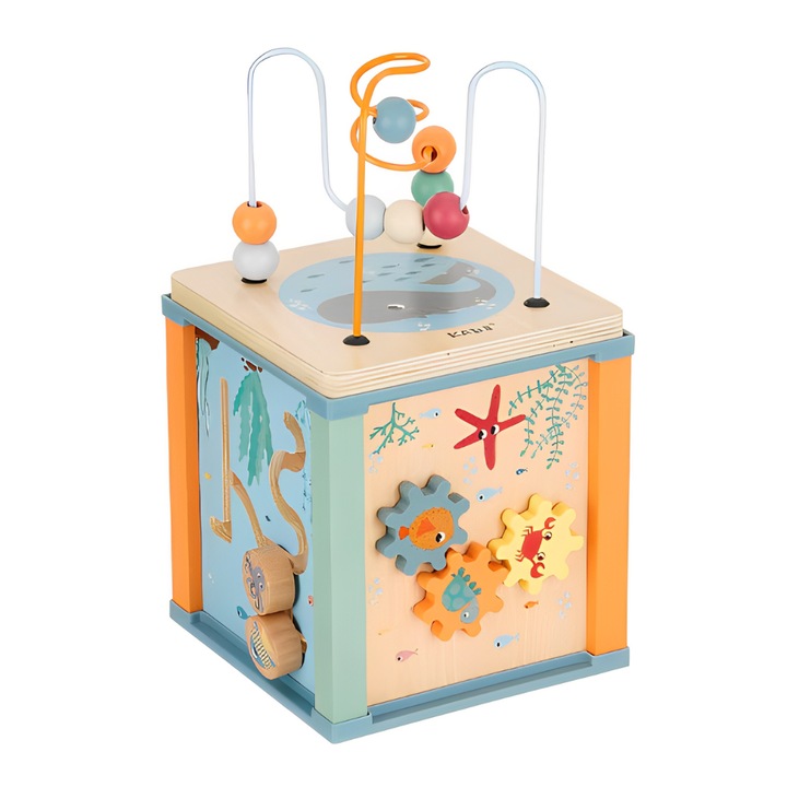 Joc educativ 5 in 1 Montessori cu circuit, forme, puzzle, rotite si ceas, Onore, multicolor, lemn, 20 x 18 x 18 cm, 5 piese