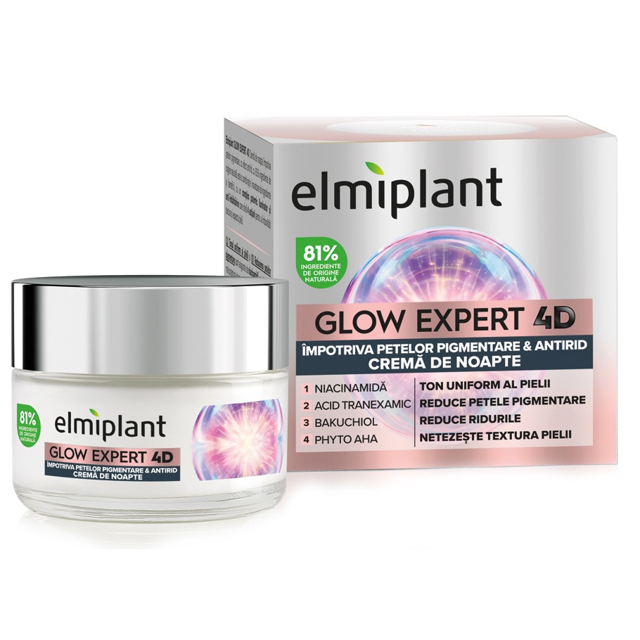 Crema de noapte Elmiplant Glow Expert 4D impotriva petelor pigmentare, antirid, cu Niacinamida si Bakuchiol, 50 ml