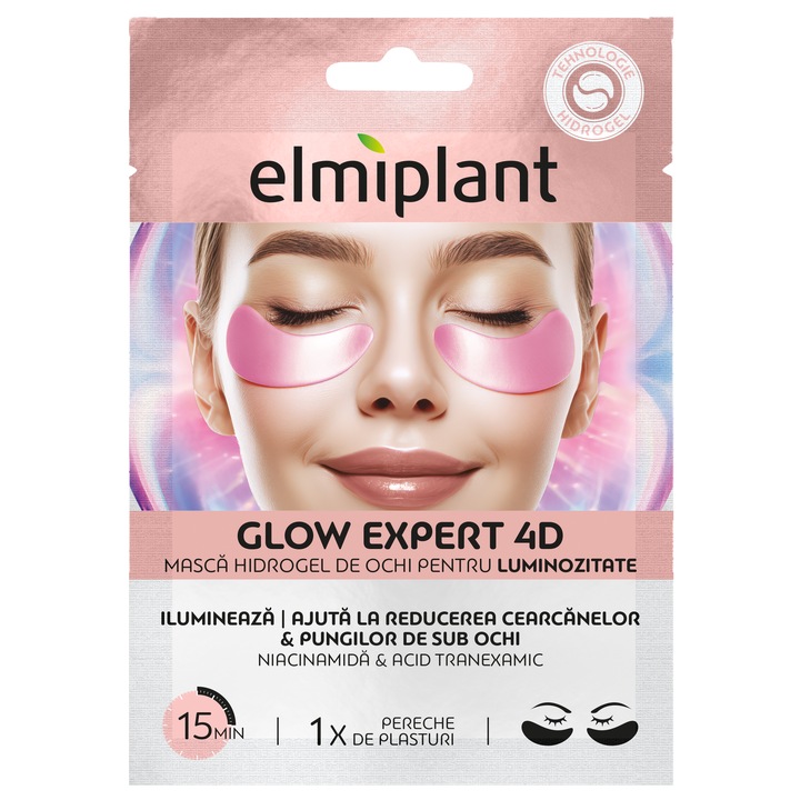 Plasturi hidrogel pentru ochi, Elmiplant Glow Expert 4D cu Niacinamida, 1 pereche