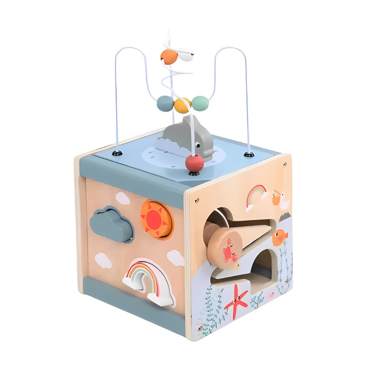 Joc educativ 3 in 1 Montessori cu circuit, forme si puzzle, Onore, multicolor, lemn, 18 x 18 x 18 cm, 4 piese