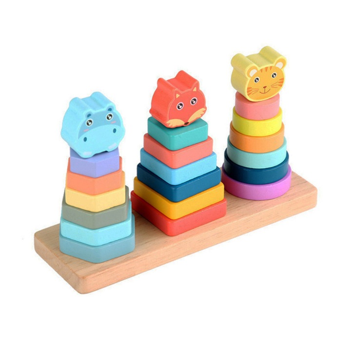 Joc educativ sortator Montessori cu 3 coloane si animale, Onore, lemn, multicolor, 22 x 13 cm, 22 piese