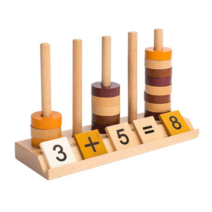 Joc sortator forme si calcule matematice Montessori cu 5 coloane, Onore, lemn, multicolor, 25 x 15 x 8 cm, 40 piese