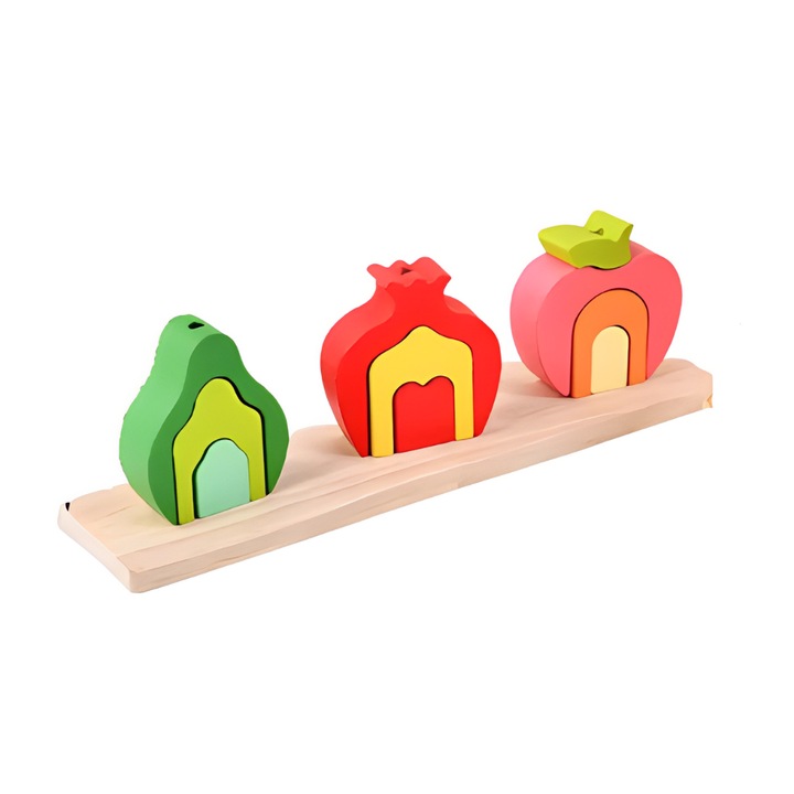 Joc sortator fructe Montessori cu 4 coloane, Onore, lemn, multicolor, 30 x 8 x 6 cm, 10 piese
