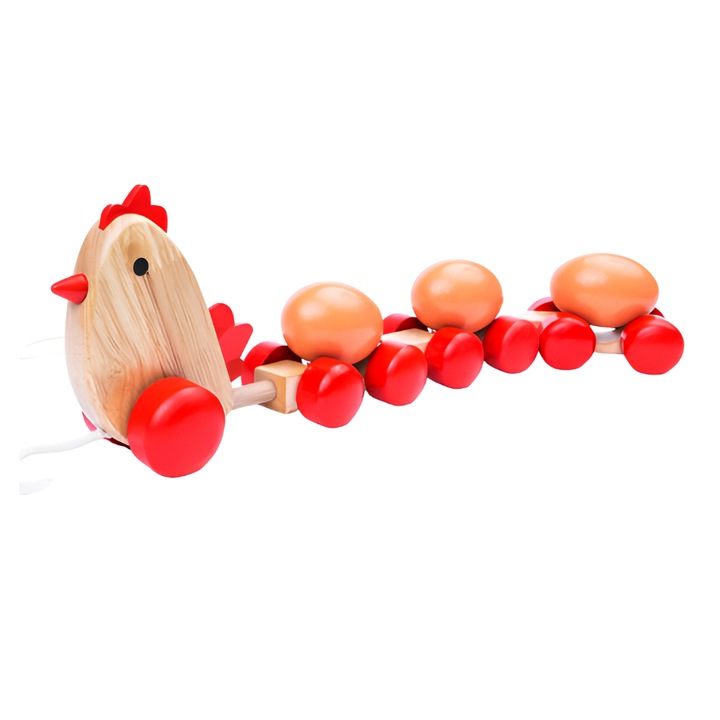 Trenulet de tras Montessori cu gaina si 3 oua, Onore, multicolor, lemn, 35 x 10 x 6 cm, 4 piese