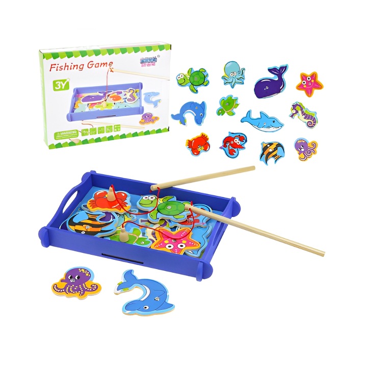 Joc de pescuit Montessori cu piese magnetice, Onore, multicolor, lemn, 25 x 18 x 4 cm, 12 piese