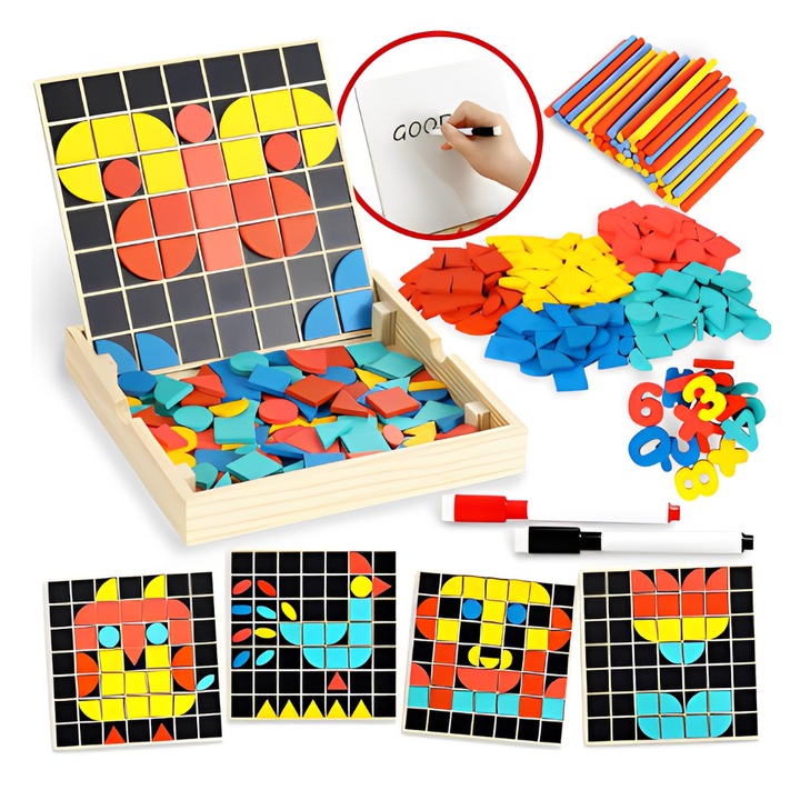 Joc educativ Montessori de construit, aranjat forme, bete, numere, semne de calcul si ilustratii, Onore, multicolor, lemn, 20 x 20 x 5 cm, 48 piese