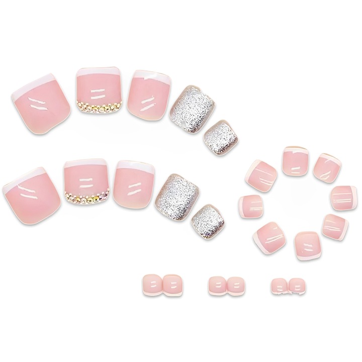 Set 24 unghii false pentru picioare, patrate, roz nud cu paiete argintii si strasuri, argintiu