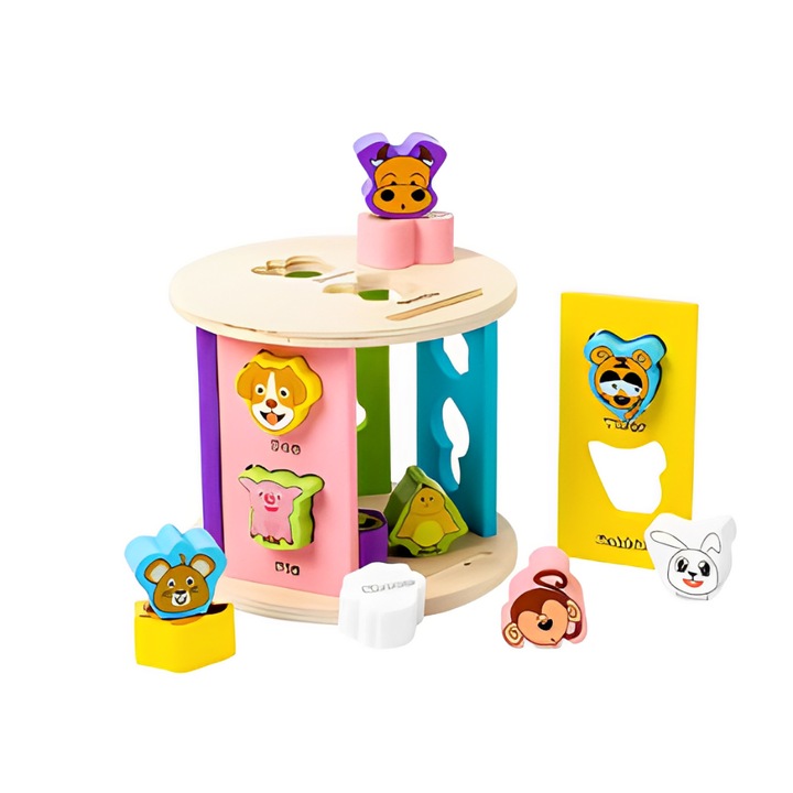 Joc educativ cilindric Montessori de potrivit, cu animale, Onore, multicolor, lemn, 15 x 15 x 13 cm, denumiri lb. engleza, 12 piese