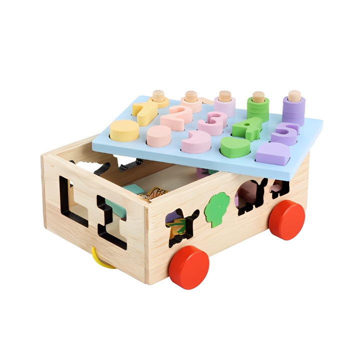 Joc educativ Montessori cu animale, forme, cifre si inele, Onore, multicolor, lemn, 21 x 18 x 8 cm, 34 piese