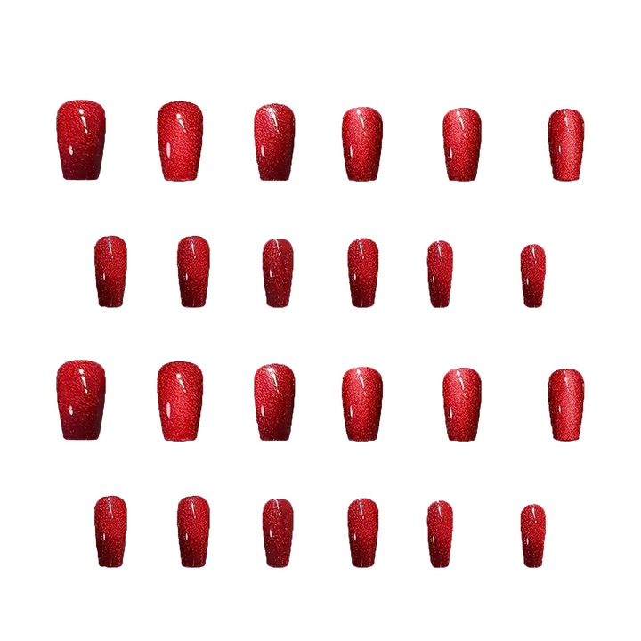 Unghii false patrate, 24 buc, rosu, paiete reflective