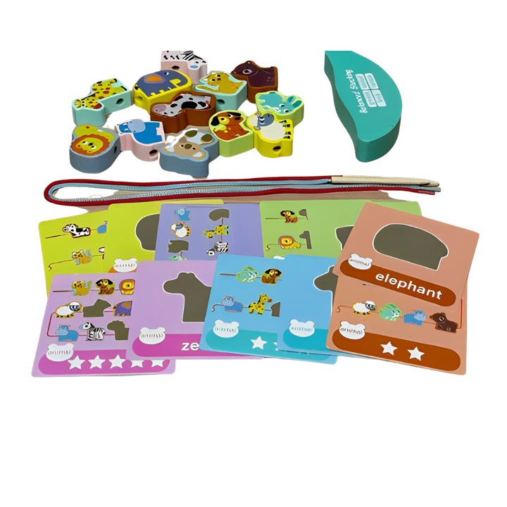 Joc educativ Montessori cu animale de balansat, Onore, multicolor, lemn, 20 x 18 x 4 cm, 27 piese