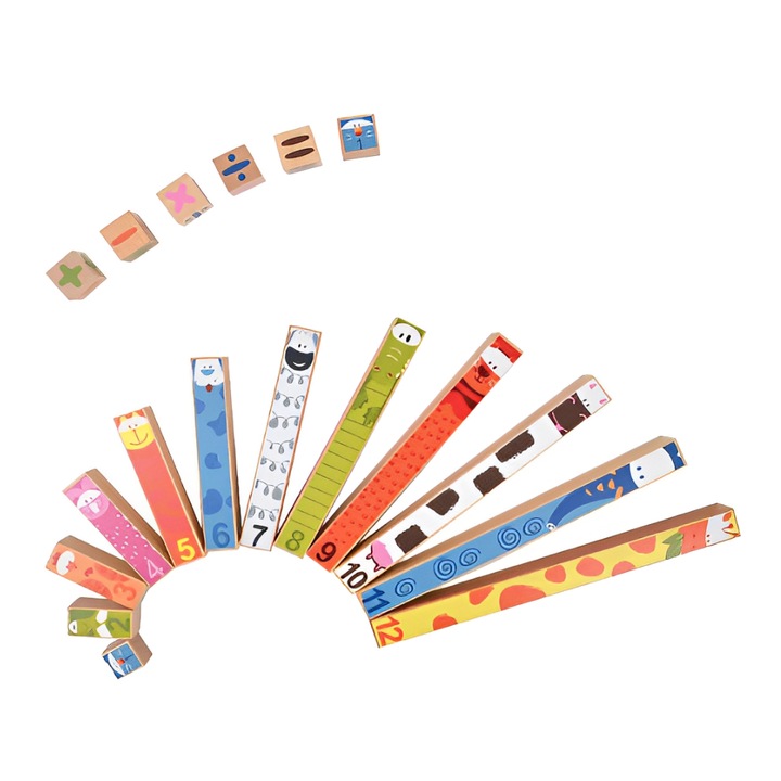 Joc educational matematic Montessori cu bete numerotate si semne de calcul, Onore, multicolor, lemn, 25 x 15 x 3 cm, 18 piese