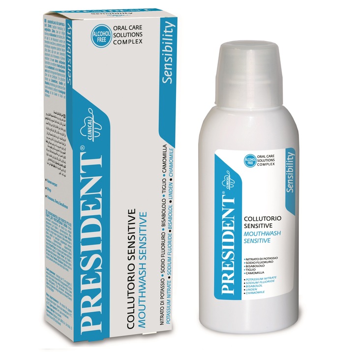 Apa de gura dinti sensibili PresiDent Sensitive fara Alcool, SLS/SLES, 200ml