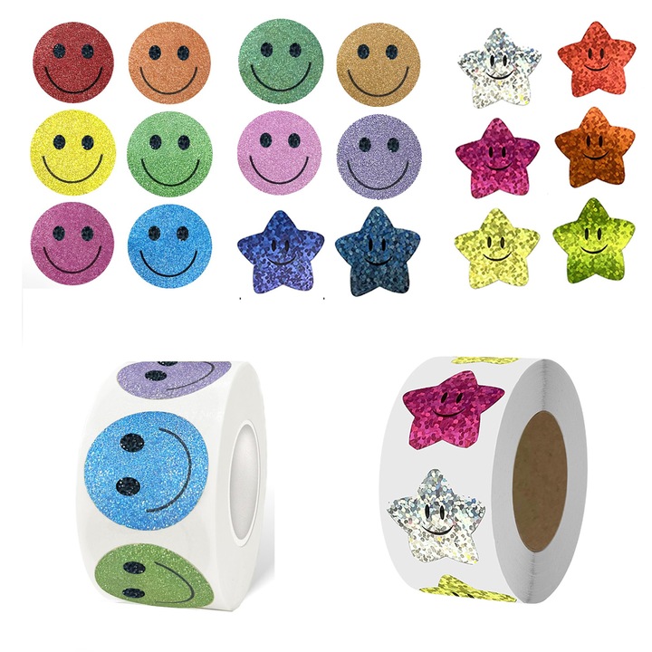 Set 2 Role Etichete Autoadezive, Stele si Fete Zambitoare, Multicolor, 500/Rola, PVC