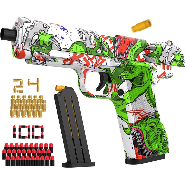 Pistol de jucarie, Nybgyy, 100 bile spuma, graffiti dinozaur, multicolor