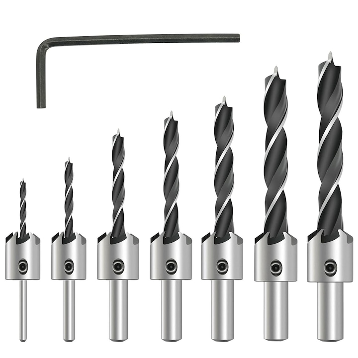 Set burghie pentru lemn/plastic cu adaptor si cheie allen, Axroad Mall, 3/4/5/6/7/8/10 mm, Lungime de gaurire reglabila, Pentru producatorii de dulapuri si mobilier, Otel carbon, Argintiu