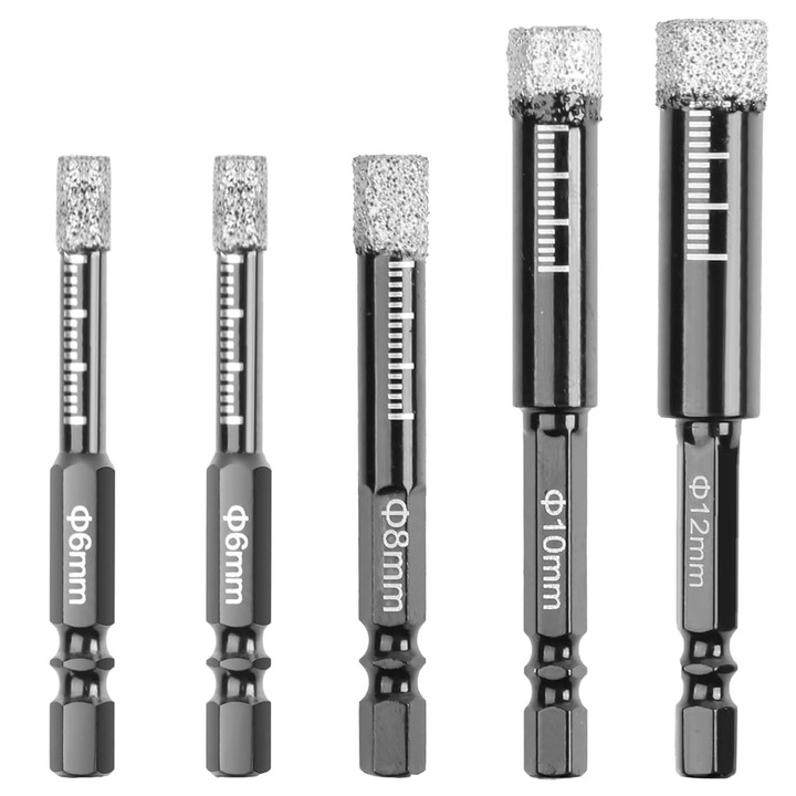Set 5 carote diamantate, Axroad Mall, Dimensiuni 6 mm, 8 mm, 10 mm, 12 mm, Lubrifiant de ceara incorporat, Design de gaurire uscata, Prindere hexagonala 1/4", Pentru ceramica, sticla, gresie, marmura, Negru