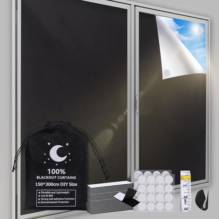 Draperie Opaca, BYONDSELF®, cu Sac de Depozitare, 150×300CM, Poate Fi Taiat Liber, 100% Poliester, Fara Design de Perforare, Blackout, pentru Ferestre si Usi Dormitor/ Living, Negru