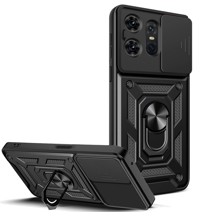 Husa telefon, pentru Motorola Edge 50 Pro 5G Capac de obiectiv al camerei glisante, inel rotativ 360°, Negru