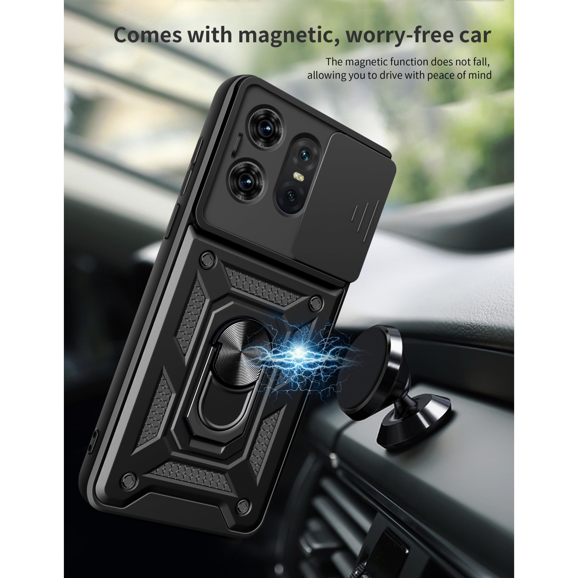 Husa telefon, pentru Motorola Edge 50 Pro 5G Capac de obiectiv al camerei glisante, inel rotativ 360°, Negru