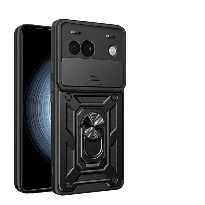 Husa telefon pentru Google Pixel 7a, suport rotativ, capac obiectiv culisant, negru