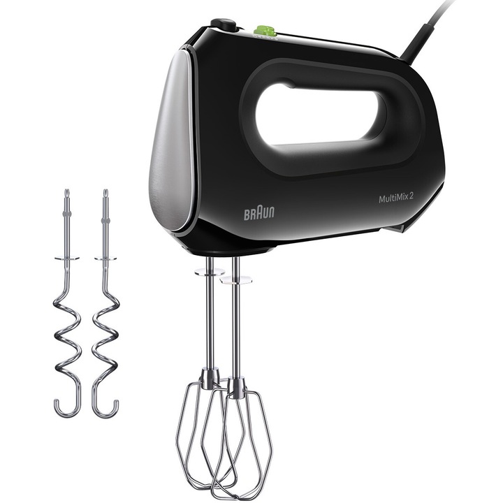 Ръчен миксер Braun MultiMix HM2110BK 0X22211062, 500 W, 4 скорости + Turbo, Технология SlowStart, 2 бъркалки, 2 куки за тесто, Черен