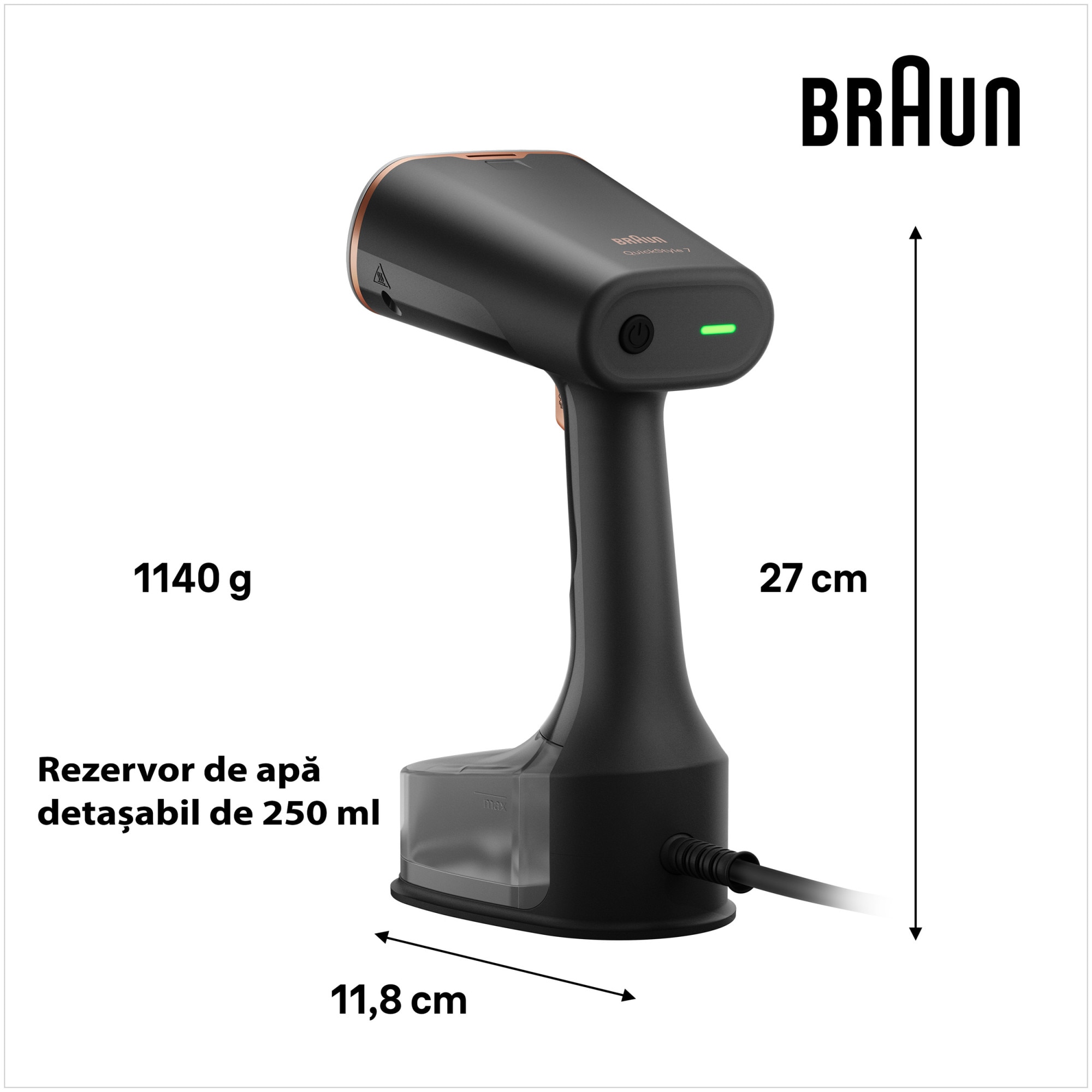 Aparat de calcat vertical cu abur Braun GS7077BK 0X13810102, 1600W, abur variabil 35 g/min, rezervor detasabil 250 ml, sistem ActiClean Easy, talpa ceramica Dual FreeGlide 3D, incalzire rapida 35 sec, perie pentru tesaturi groase, Negru