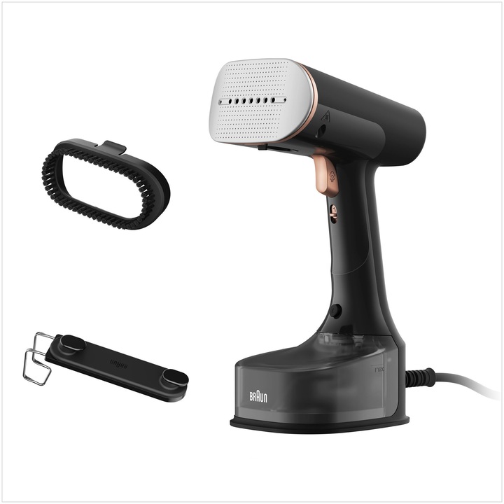 Aparat de calcat vertical cu abur Braun GS7077BK 0X13810102, 1600W, abur variabil 35 g/min, rezervor detasabil 250 ml, sistem ActiClean Easy, talpa ceramica Dual FreeGlide 3D, incalzire rapida 35 sec, perie pentru tesaturi groase, Negru