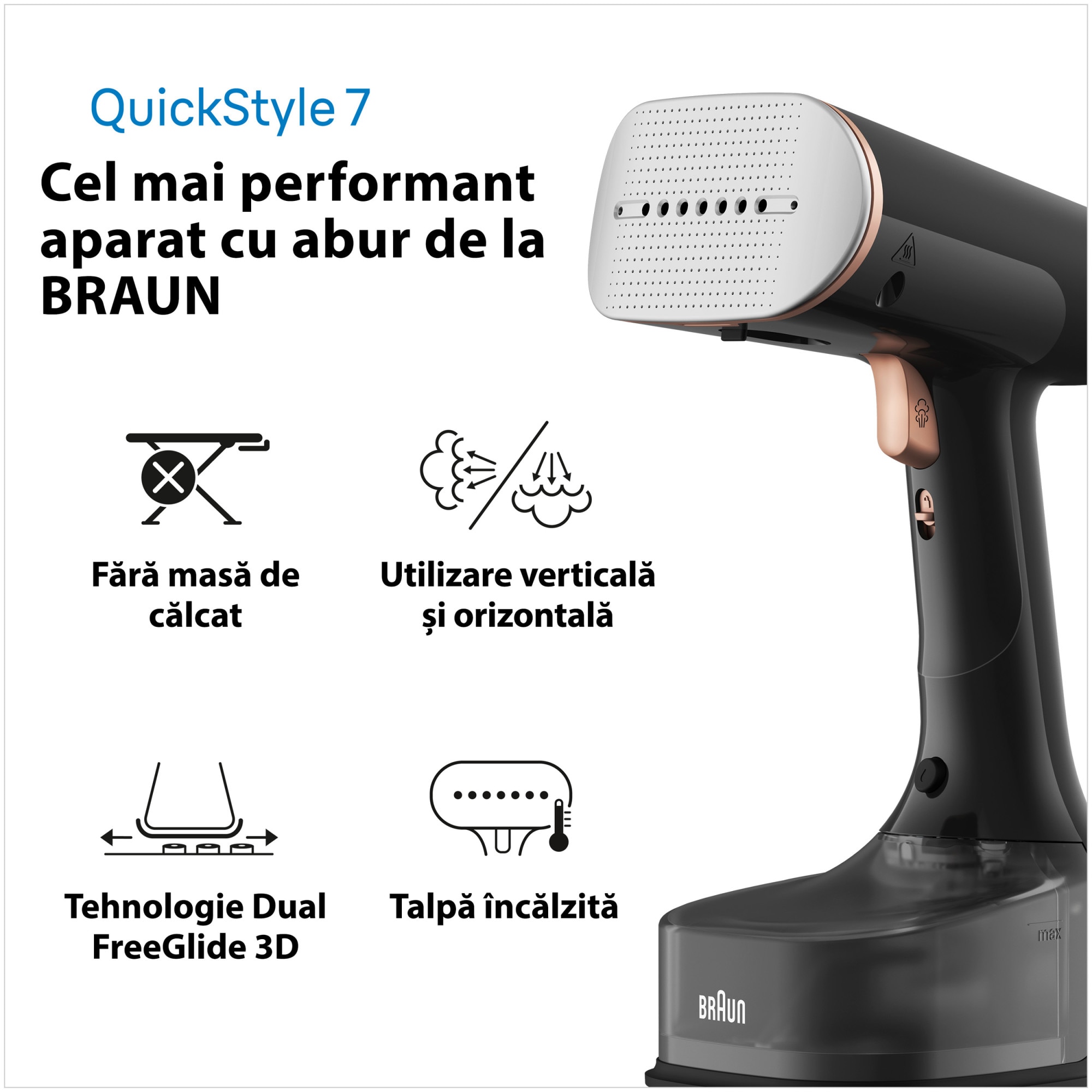 Aparat de calcat vertical cu abur Braun GS7077BK 0X13810102, 1600W, abur variabil 35 g/min, rezervor detasabil 250 ml, sistem ActiClean Easy, talpa ceramica Dual FreeGlide 3D, incalzire rapida 35 sec, perie pentru tesaturi groase, Negru