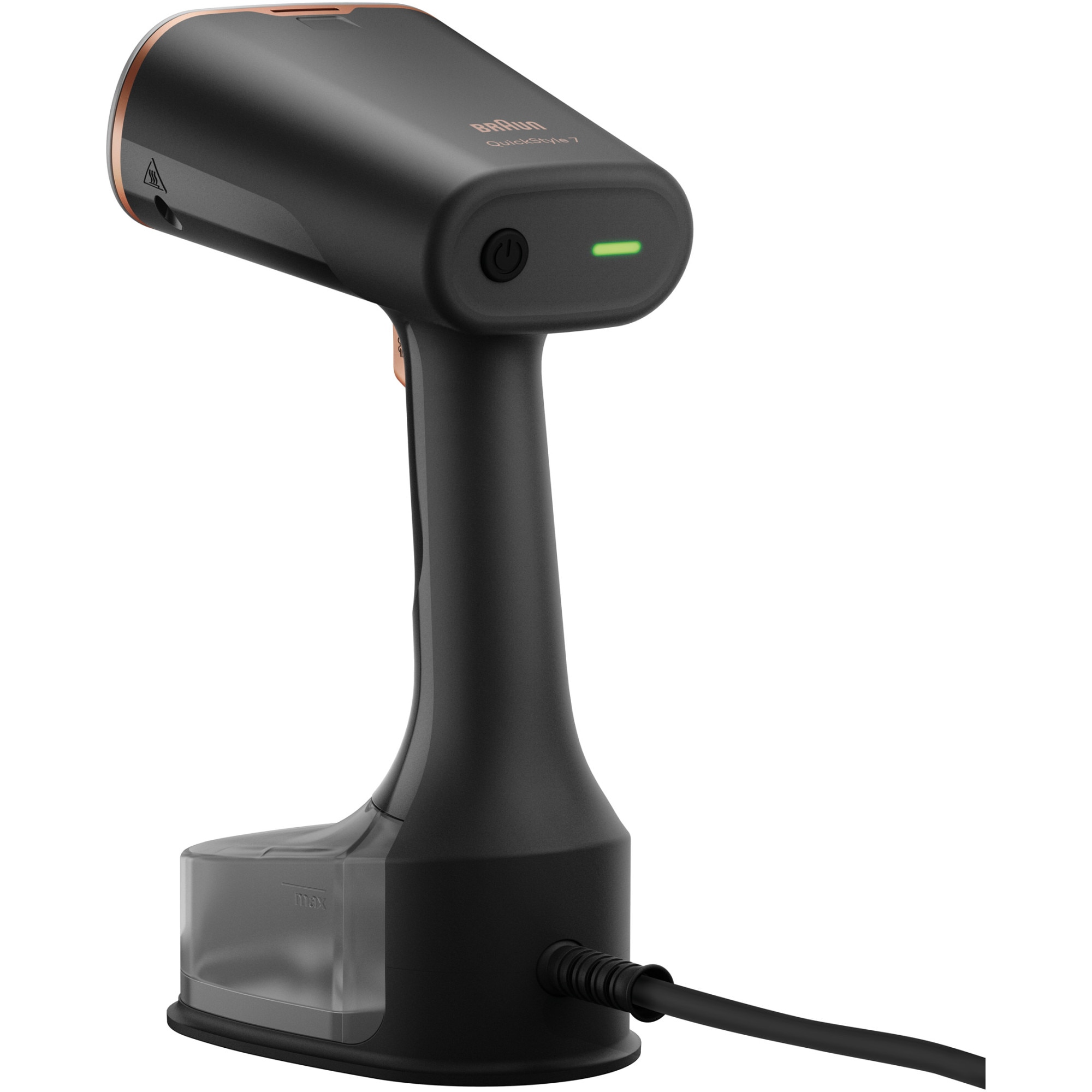 Aparat de calcat vertical cu abur Braun GS7077BK 0X13810102, 1600W, abur variabil 35 g/min, rezervor detasabil 250 ml, sistem ActiClean Easy, talpa ceramica Dual FreeGlide 3D, incalzire rapida 35 sec, perie pentru tesaturi groase, Negru