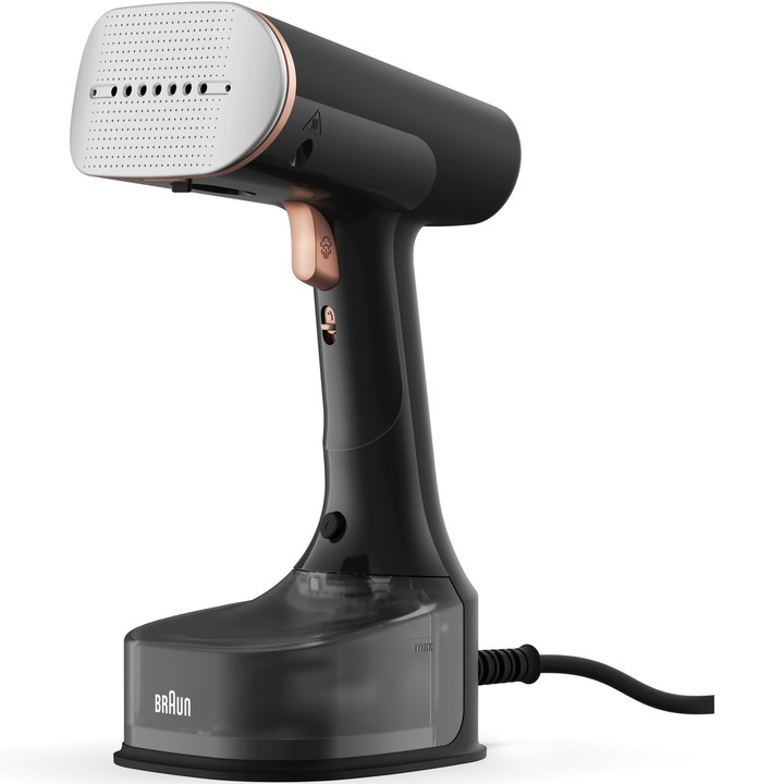 Уред за вертикално гладене с пара Braun S7077BK 0X13810102, 1600W, Непрекъсната пара 35 гр/мин, Подвижен резервоар 250 мл, ActiClean Easy, Dual FreeGlide 3D керамична гладеща плоча, Бързо нагряване 35 сек., Четка за плътни тъкани, Черен
