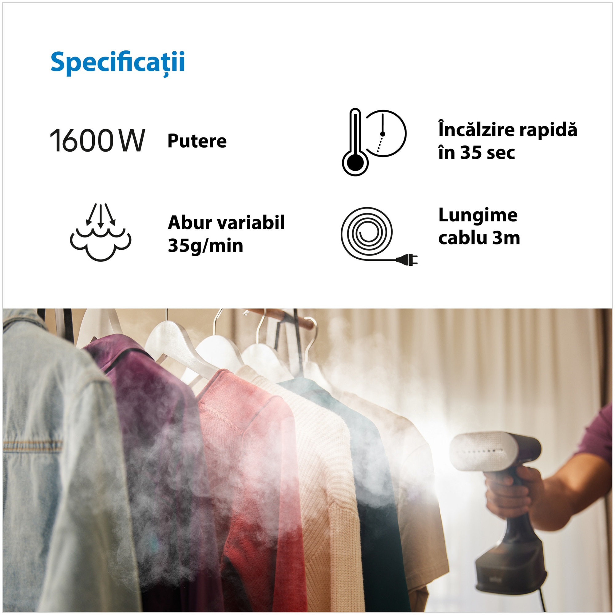 Aparat de calcat vertical cu abur Braun GS7077BK 0X13810102, 1600W, abur variabil 35 g/min, rezervor detasabil 250 ml, sistem ActiClean Easy, talpa ceramica Dual FreeGlide 3D, incalzire rapida 35 sec, perie pentru tesaturi groase, Negru