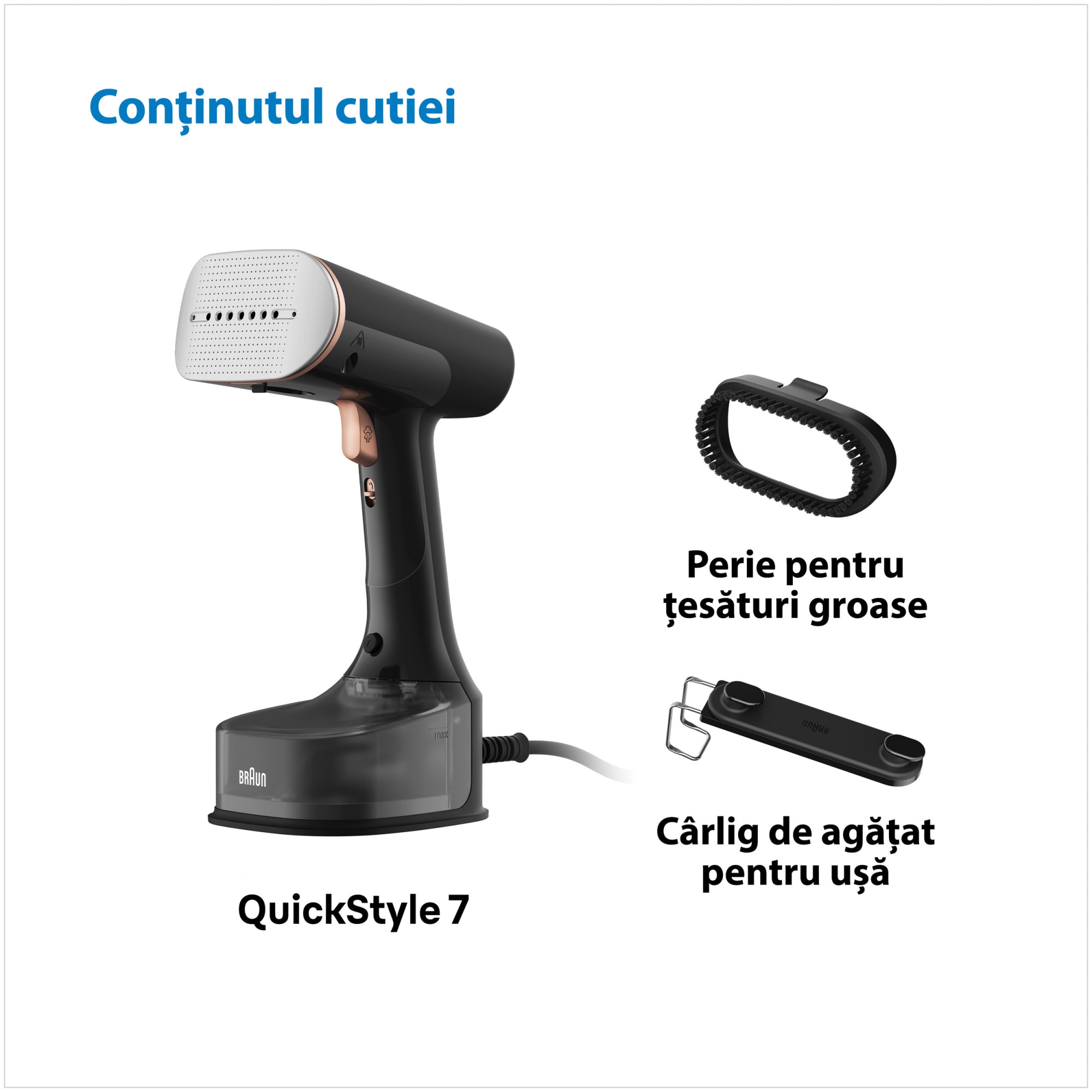 Aparat de calcat vertical cu abur Braun GS7077BK 0X13810102, 1600W, abur variabil 35 g/min, rezervor detasabil 250 ml, sistem ActiClean Easy, talpa ceramica Dual FreeGlide 3D, incalzire rapida 35 sec, perie pentru tesaturi groase, Negru