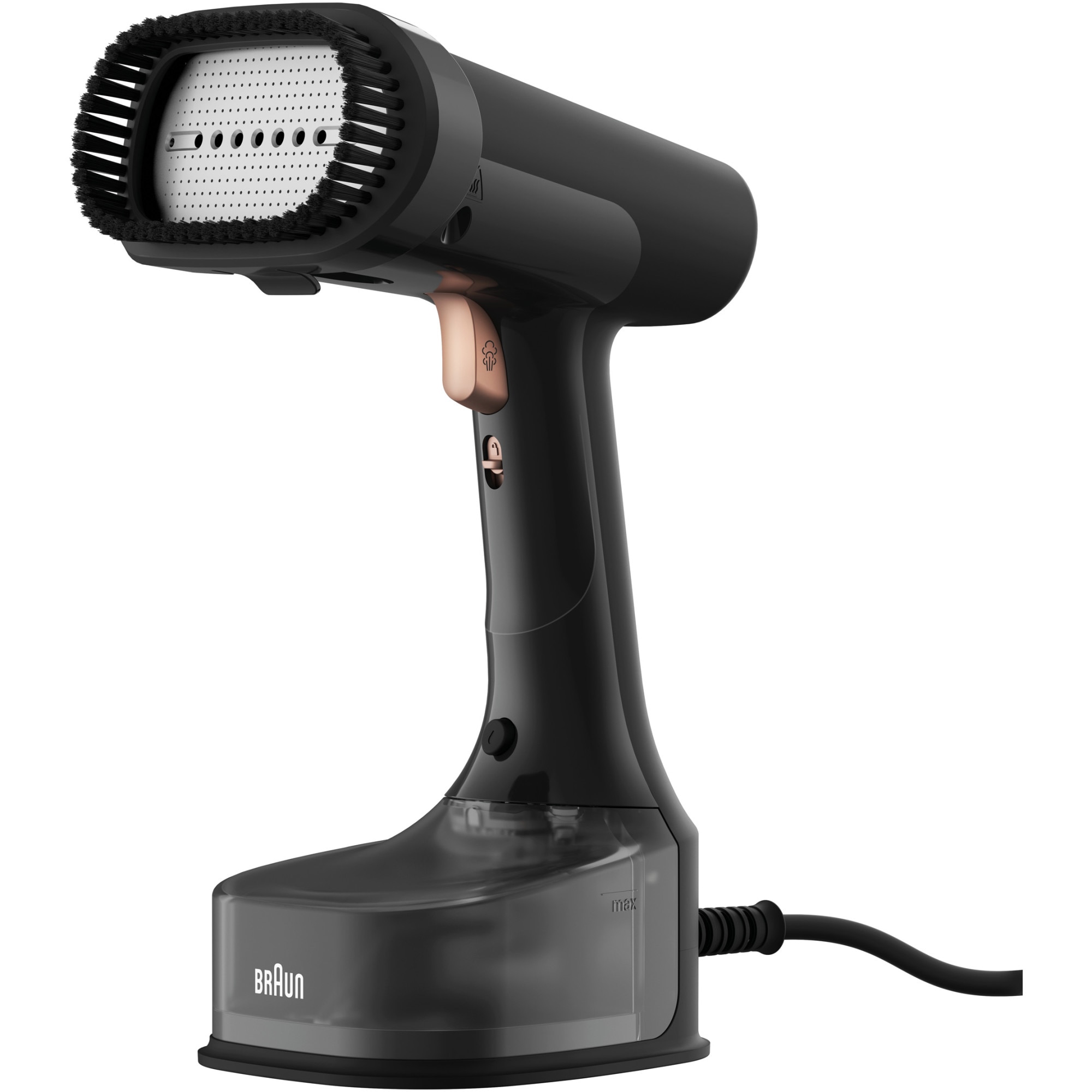 Aparat de calcat vertical cu abur Braun GS7077BK 0X13810102, 1600W, abur variabil 35 g/min, rezervor detasabil 250 ml, sistem ActiClean Easy, talpa ceramica Dual FreeGlide 3D, incalzire rapida 35 sec, perie pentru tesaturi groase, Negru