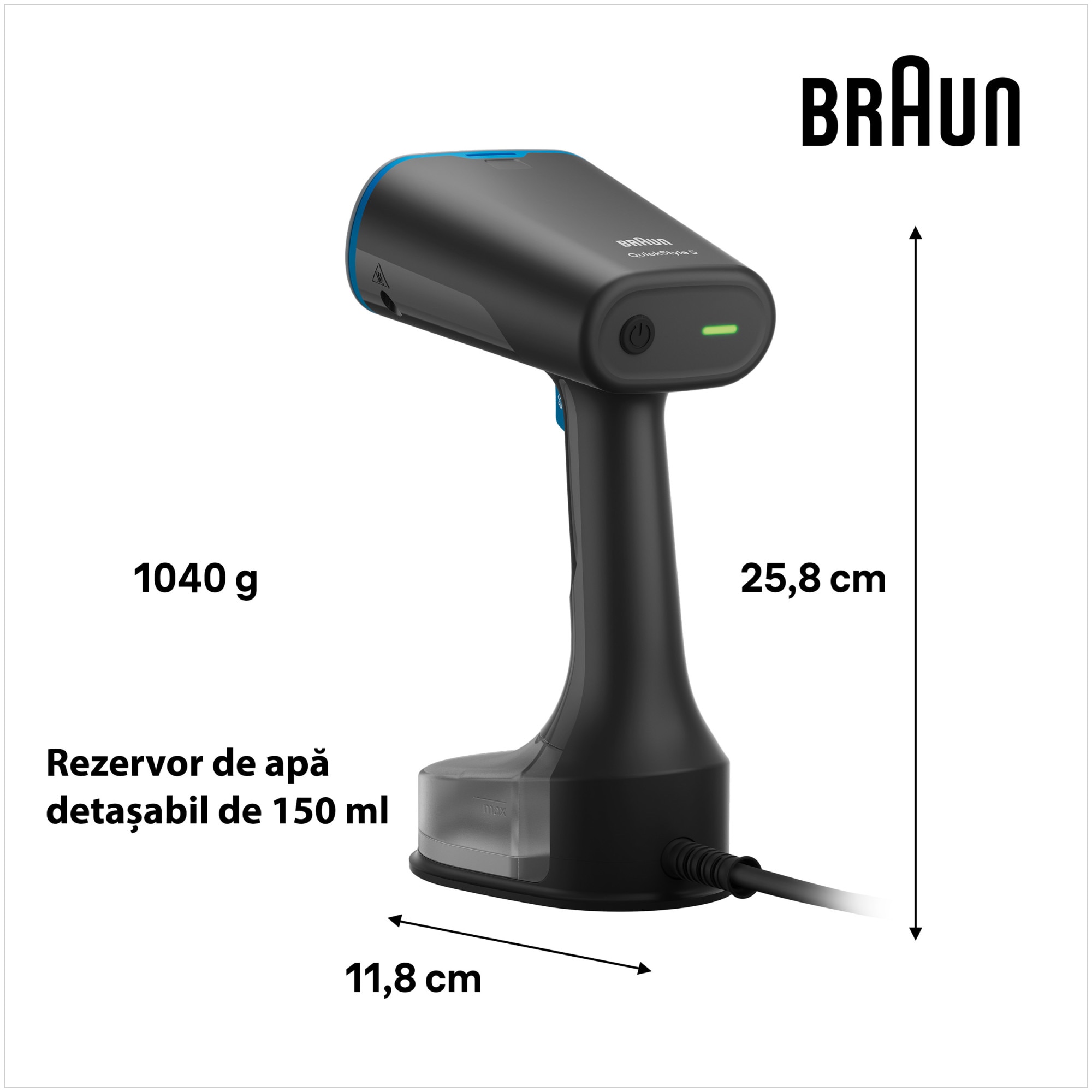 Aparat de calcat vertical cu abur Braun GS5031BL 0X13810101, 1200W, abur variabil 25 g/min, rezervor detasabil 150 ml, talpa Dual FreeGlide 3D, incalzire rapida 45 sec, perie pentru tesaturi groase, Albastru