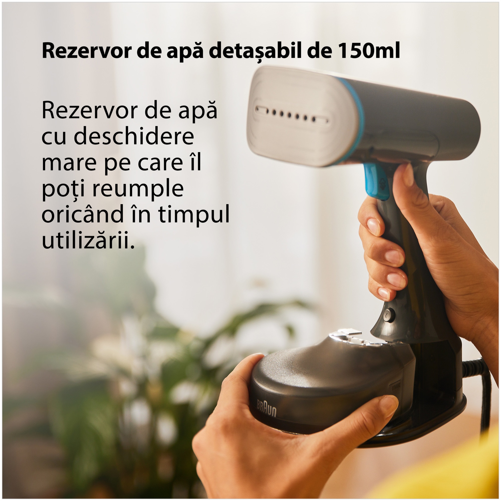 Aparat de calcat vertical cu abur Braun GS5031BL 0X13810101, 1200W, abur variabil 25 g/min, rezervor detasabil 150 ml, talpa Dual FreeGlide 3D, incalzire rapida 45 sec, perie pentru tesaturi groase, Albastru