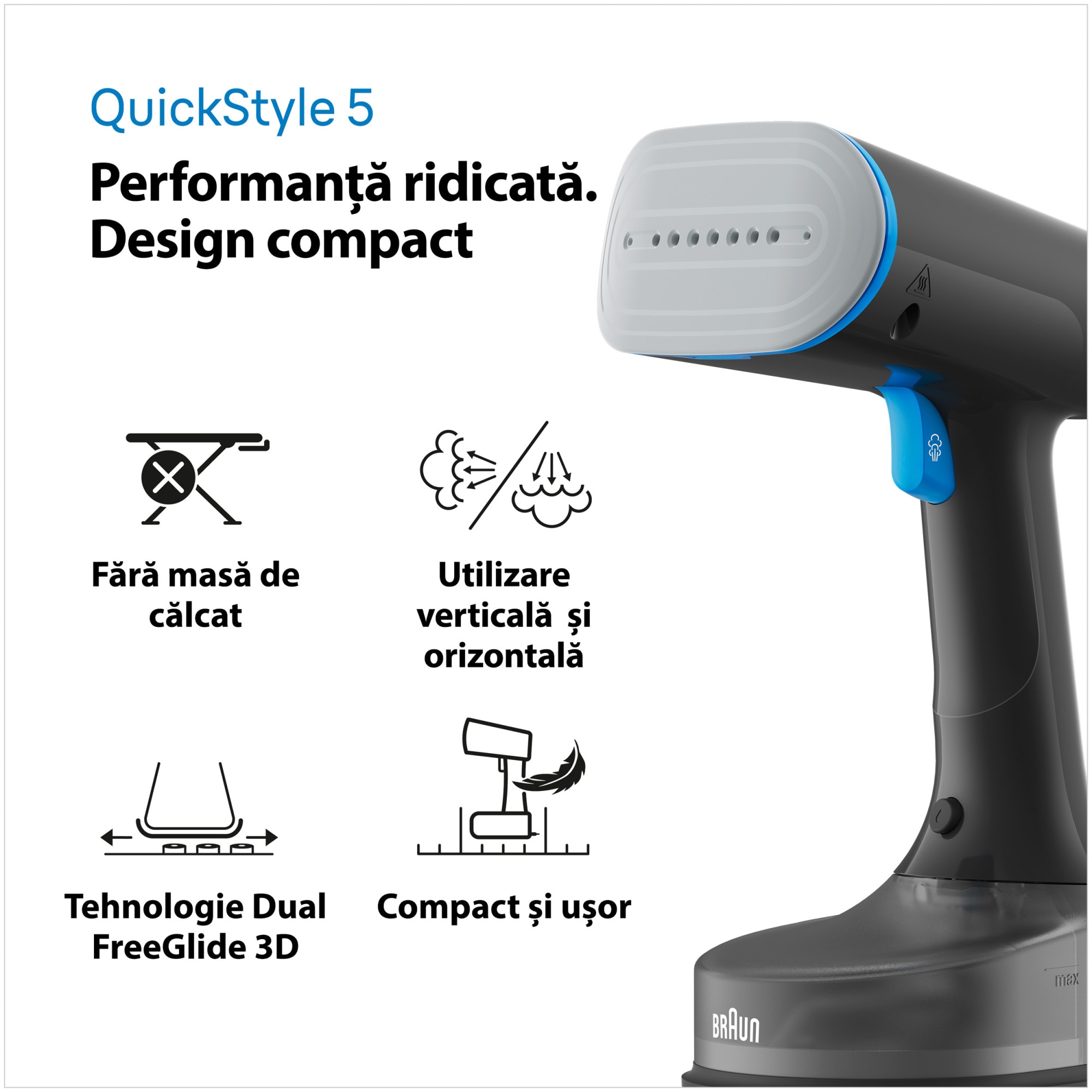 Aparat de calcat vertical cu abur Braun GS5031BL 0X13810101, 1200W, abur variabil 25 g/min, rezervor detasabil 150 ml, talpa Dual FreeGlide 3D, incalzire rapida 45 sec, perie pentru tesaturi groase, Albastru