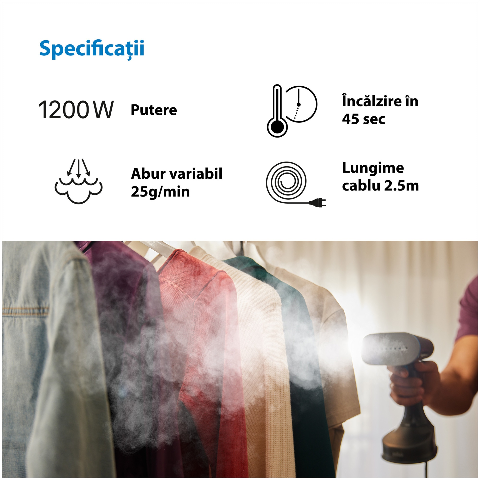 Aparat de calcat vertical cu abur Braun GS5031BL 0X13810101, 1200W, abur variabil 25 g/min, rezervor detasabil 150 ml, talpa Dual FreeGlide 3D, incalzire rapida 45 sec, perie pentru tesaturi groase, Albastru
