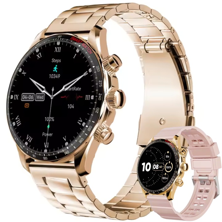 Ceas smartwatch Evolve-x® EvoFitt KM68, ecran AMOLED, Apeluri si mesaje bluetooth, Functii monitorizare Ritm cardiac, Somn, Nivel oxigen, Tensiune si Calorii, Asistent vocal, IP67, compatibil iOS si Android, Bratara metalica si siliconica, Auriu