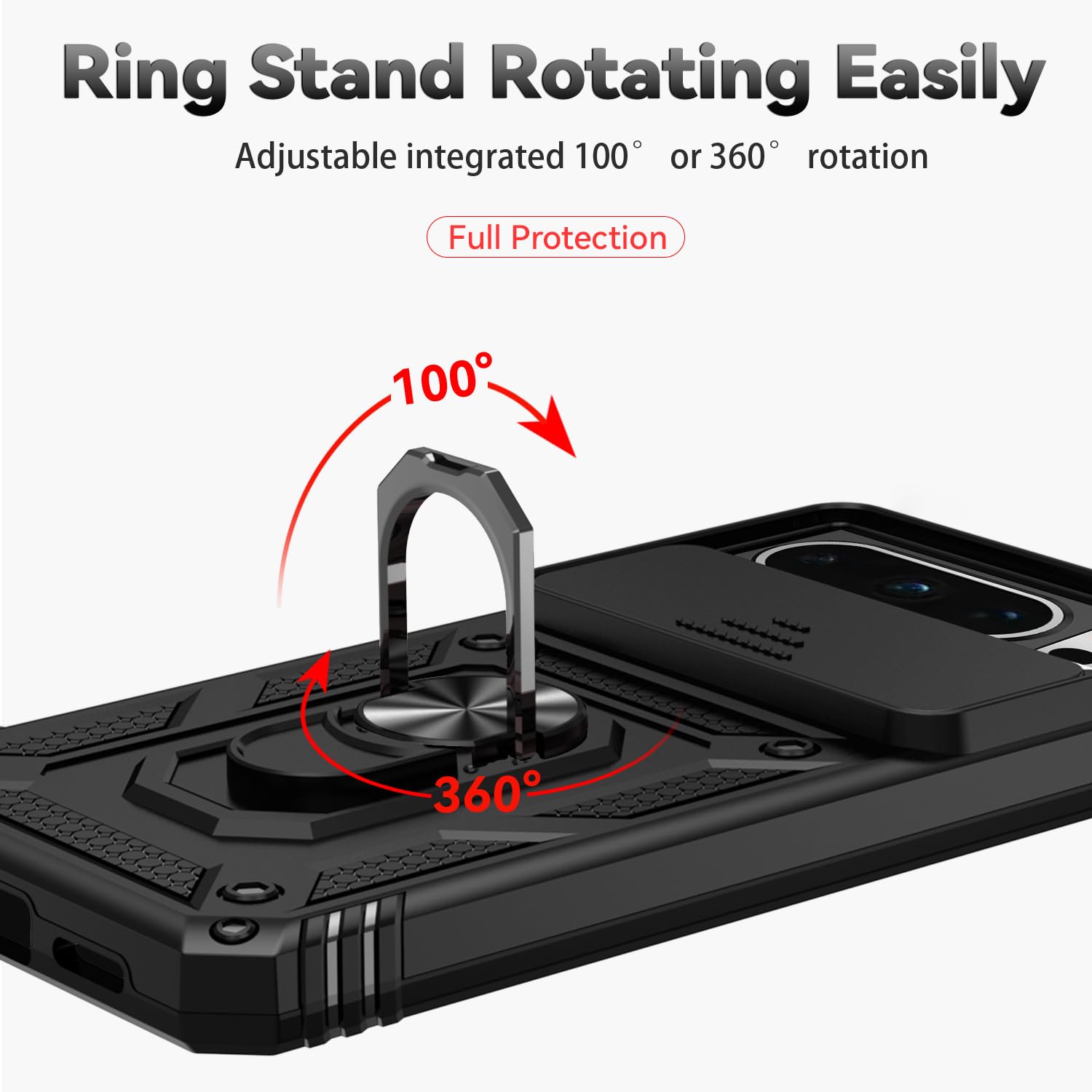 Husa telefon, pentru Google Pixel 8 Pro Capac de obiectiv al camerei glisante, inel rotativ 360°, Negru