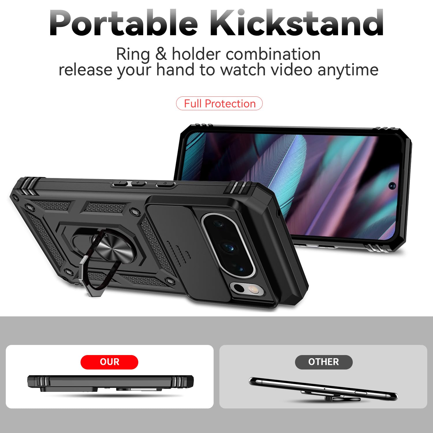 Husa telefon, pentru Google Pixel 8 Pro Capac de obiectiv al camerei glisante, inel rotativ 360°, Negru