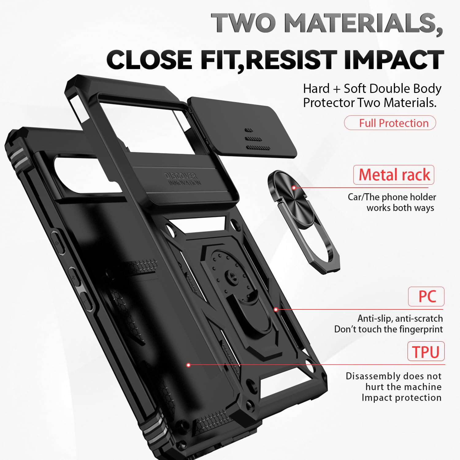 Husa telefon, pentru Google Pixel 8 Pro Capac de obiectiv al camerei glisante, inel rotativ 360°, Negru