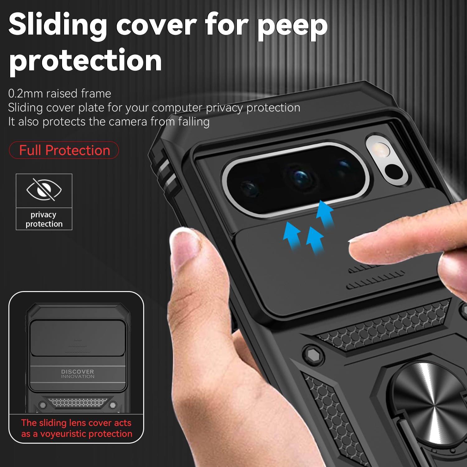 Husa telefon, pentru Google Pixel 8 Pro Capac de obiectiv al camerei glisante, inel rotativ 360°, Negru