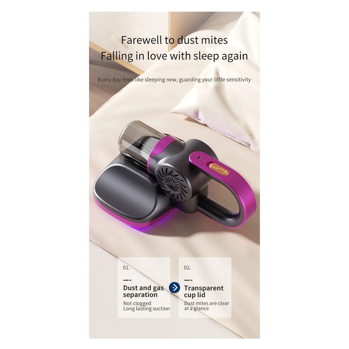 Aspirator profesional antiacarieni, 4 in 1, cu functie de aspirare, fara fir, fitru HEPA, 2000 mAh, 11 000Pa, violet
