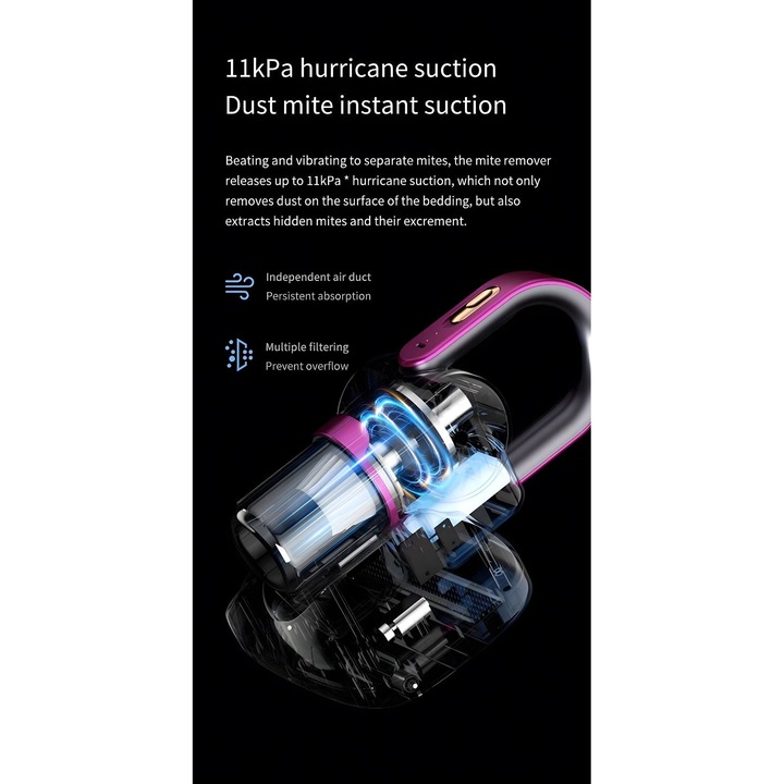 Aspirator profesional antiacarieni, 4 in 1, cu functie de aspirare, fara fir, fitru HEPA, 2000 mAh, 11 000Pa, violet