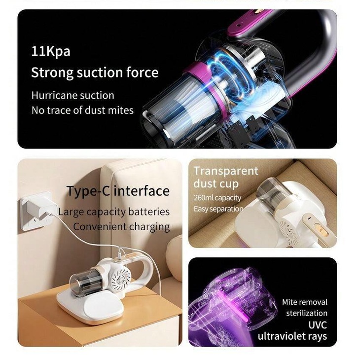 Aspirator profesional antiacarieni, 4 in 1, cu functie de aspirare, fara fir, fitru HEPA, 2000 mAh, 11 000Pa, violet