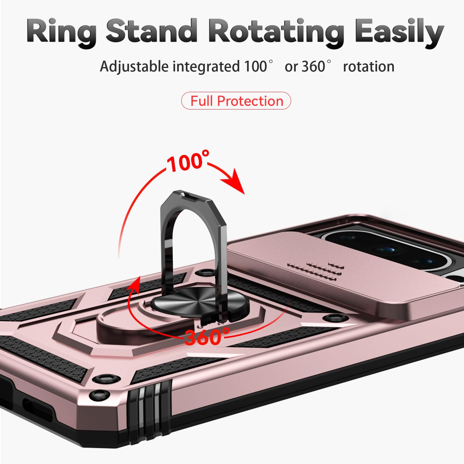 Husa telefon, pentru Google Pixel 8 Pro Capac de obiectiv al camerei glisante, inel rotativ 360°, Auriu rose