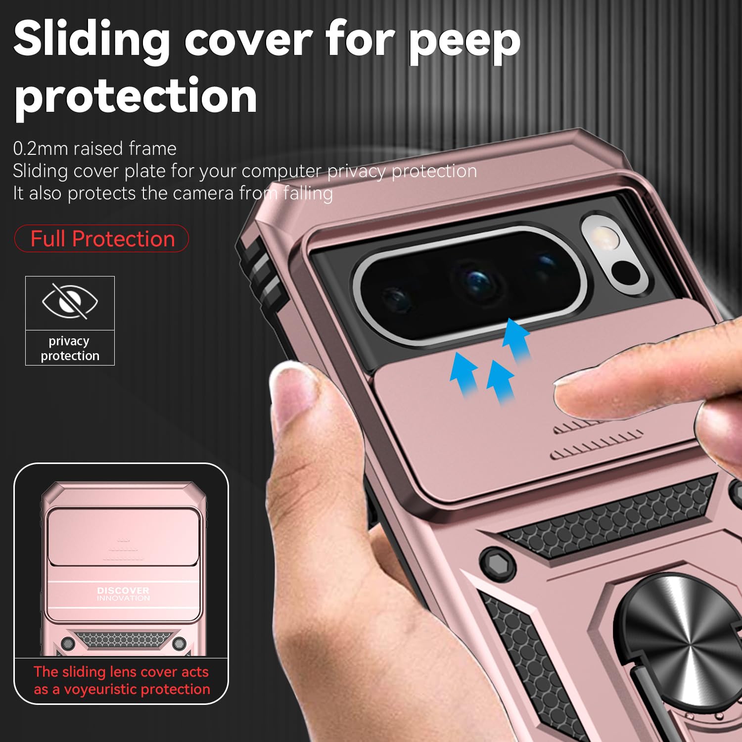 Husa telefon, pentru Google Pixel 8 Pro Capac de obiectiv al camerei glisante, inel rotativ 360°, Auriu rose